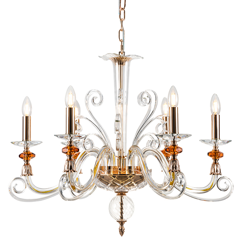 Люстра с 6-ю лампочками и изогнутыми прозрачными элементами из стекла Twisted Glass Candles Chandelier Золотой Прозрачное Стекло в Воронеже | Loft Concept 