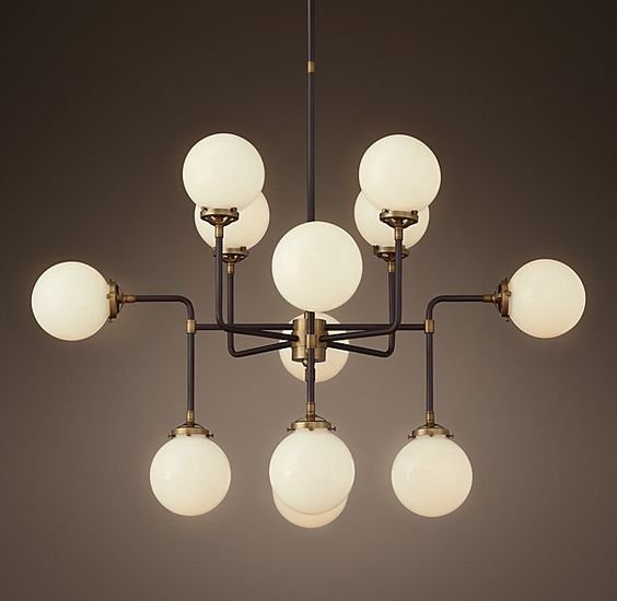 Люстра RH Bistro Globe Milk Glass 12-Light Chandelier Латунь Черный Белый в Воронеже | Loft Concept 