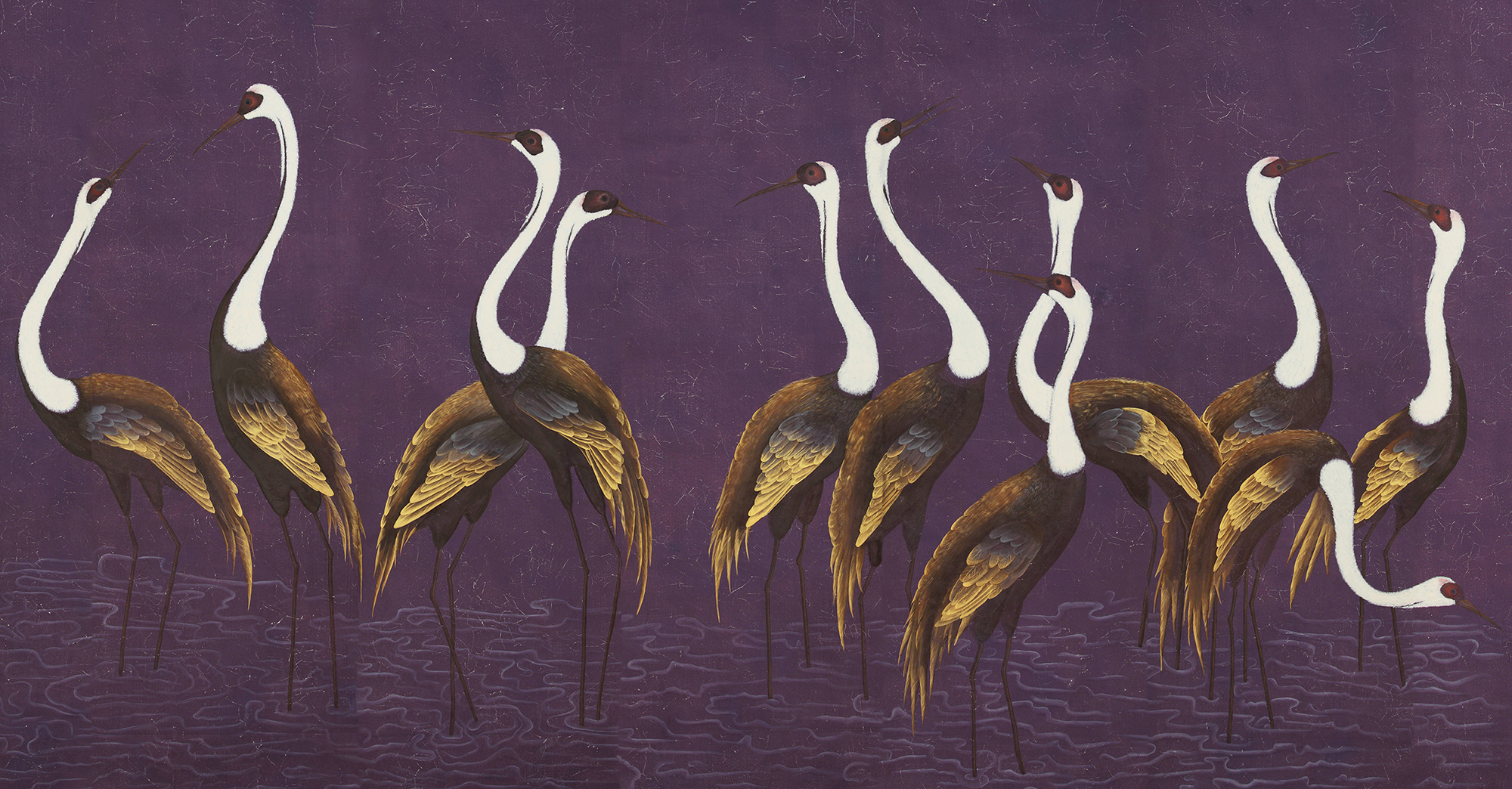 Обои ручная роспись Sarus Cranes Original colourway on Edo purple painted Xuan paper Обои ручная роспись Sarus Cranes Original colourway on Edo purple painted Xuan paper - постер Loft-Concept в Воронеже