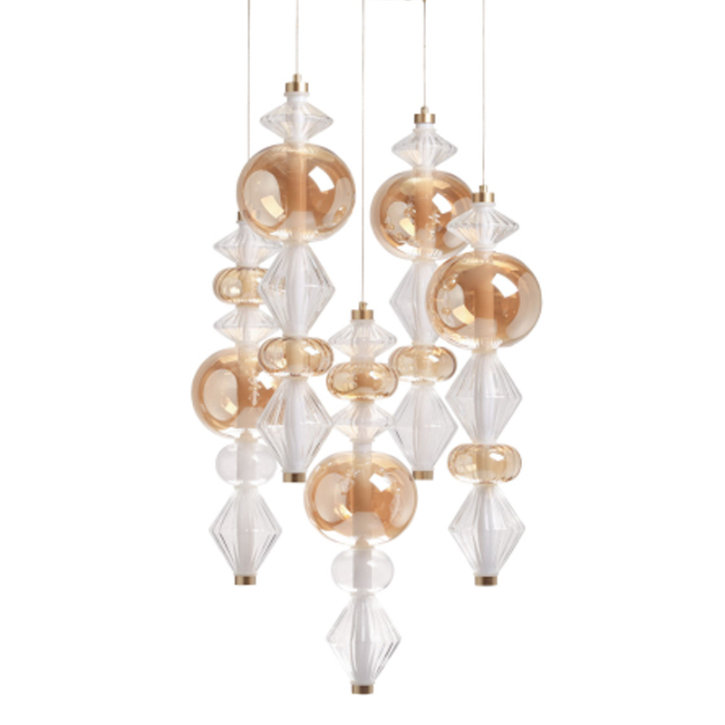 Люстра с плафонами из прозрачного и янтарного стекла в виде шаров и ромбов Gabriel Scott Luna Золотой Прозрачное Стекло Янтарный в Воронеже | Loft Concept 