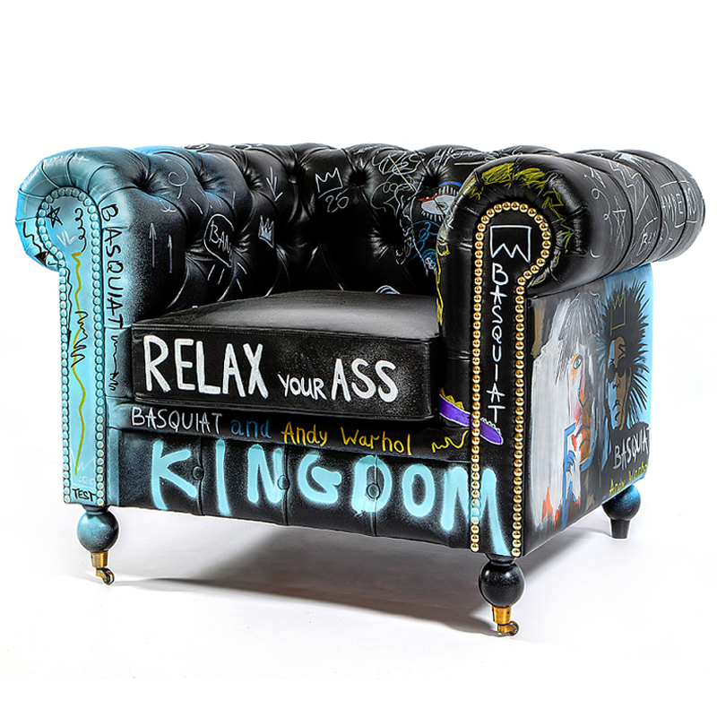 Кресло "Баския и Уорхол" Basquiat Warhol graffiti chair натуральная кожа Черный Мульти в Воронеже | Loft Concept 