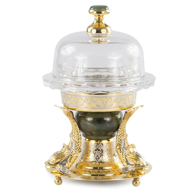 Икорница с декором "Три рыбки" с гравировкой и натуральным камнем Нефрит Decorative Cavair Dishes Золотой Никель Античный зеленый в Воронеже | Loft Concept 