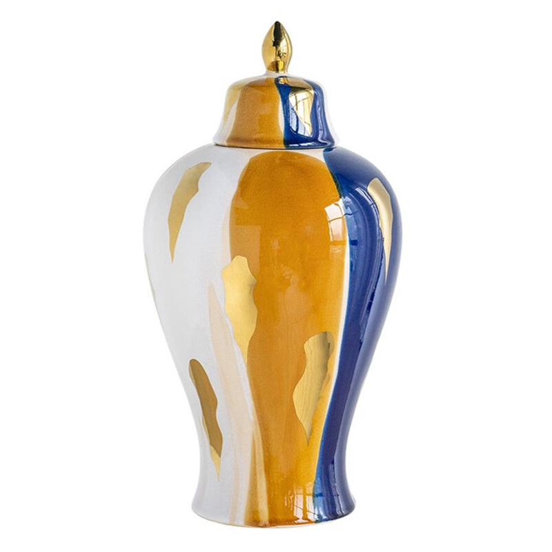 Ваза с крышкой и мазками синего и золого цвета на белом фоне Chinoiserie Ceramics Белый Оранжевый Золотой Синий Ваза с крышкой и мазками синего и золого цвета на белом фоне Chinoiserie Ceramics Белый Оранжевый Золотой Синий в Воронеже | Loft Concept