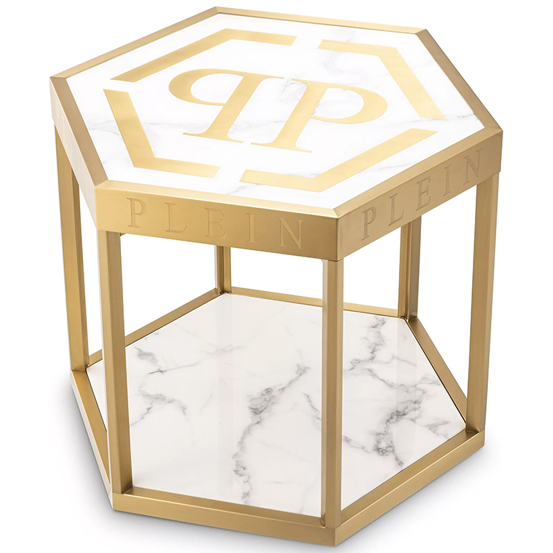 Приставной стол Philipp Plein Side Table Billionaire Золотой Белый Мрамор Bianco в Воронеже | Loft Concept 