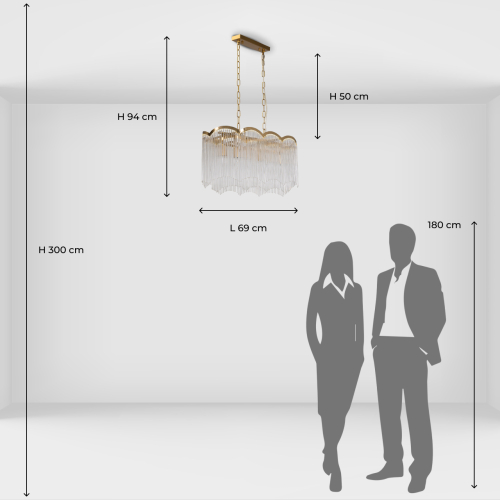 Люстра прямоугольная на цепях с прозрачными трубками и волнистым краем Nembus в Воронеже