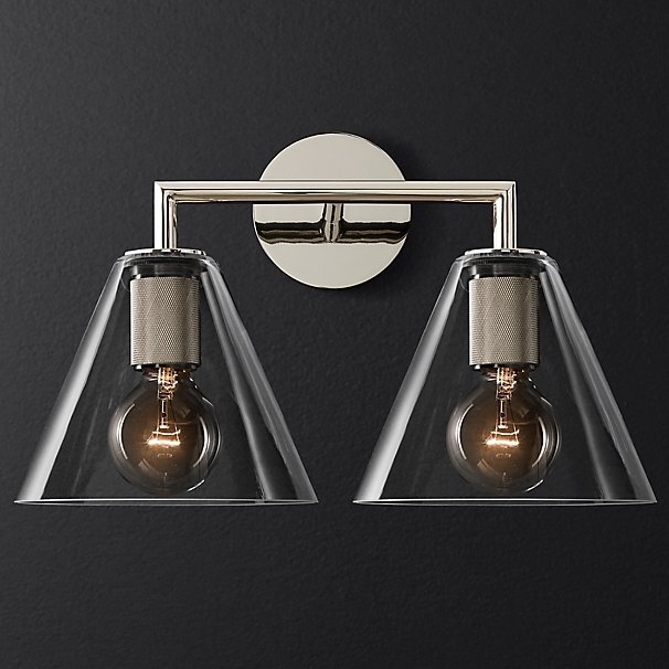 Бра RH Utilitaire Funnel Shade Double Sconce Silver Прозрачное Стекло Никель в Воронеже | Loft Concept 