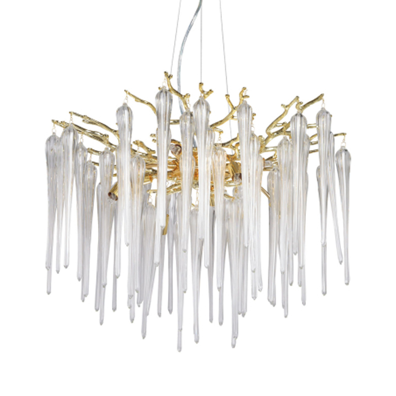 Люстра золотого цвета с декоративными ветками и длинными прозрачными стеклянными подвесами в форме сосулек Droplet Chandelier Золотой Прозрачный в Воронеже | Loft Concept 