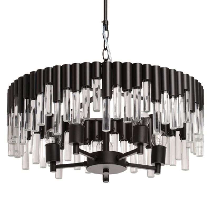 Люстра круглая из матового черного металла с подвесками из прозрачных стеклянных трубок Noir Tubes Черный Прозрачное Стекло в Воронеже | Loft Concept 