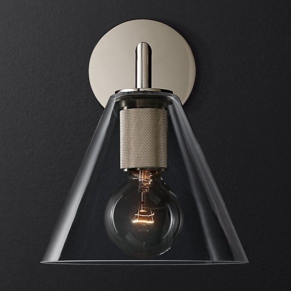 Бра RH Utilitaire Funnel Shade Single Sconce Silver Прозрачное Стекло Никель в Воронеже | Loft Concept 