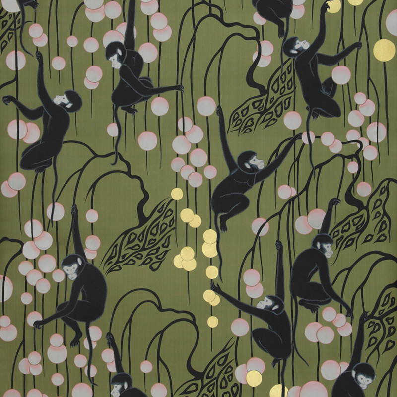 Обои ручная роспись Deco Monkeys Special Colourway on Olive dyed silk  в Воронеже | Loft Concept 