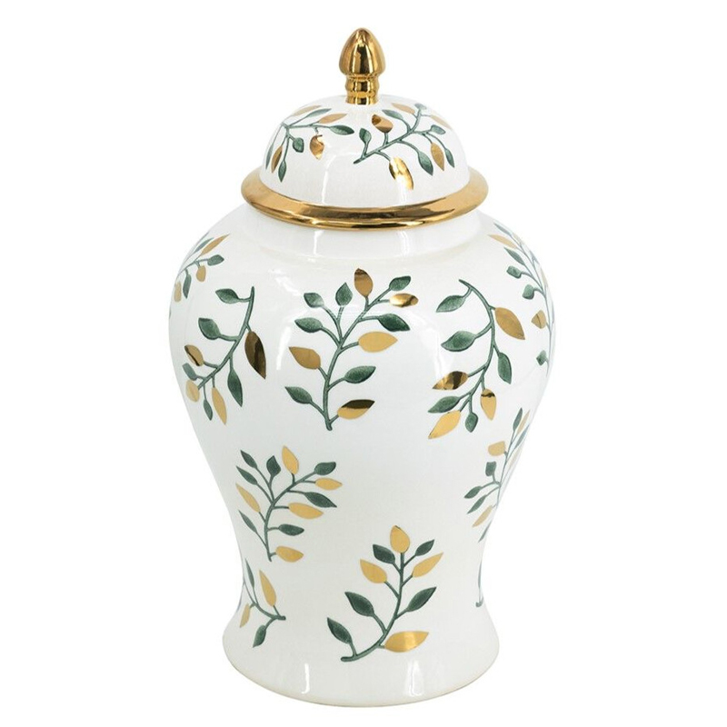 Ваза белая с крышкой с рисунком зеленых и золотых листьев 48 см Chinoiserie Ceramics Белый Зеленый Золотой Ваза белая с крышкой с рисунком зеленых и золотых листьев 48 см Chinoiserie Ceramics Белый Зеленый Золотой в Воронеже | Loft Concept