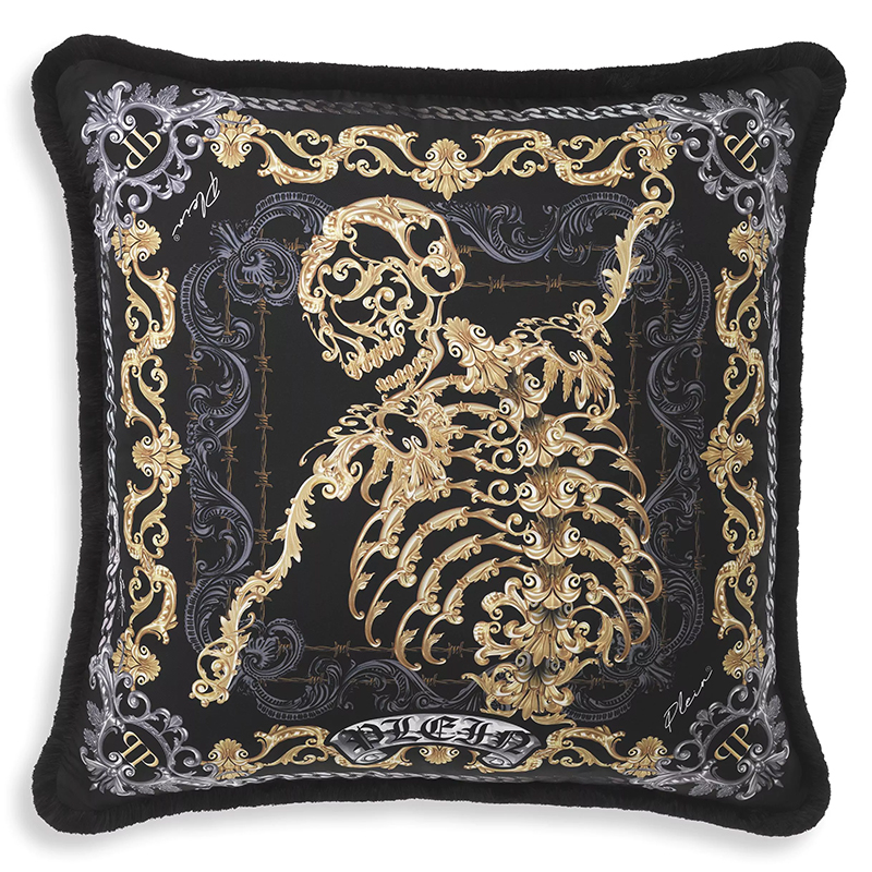 Подушка Philipp Plein Cushion Silk Skeleton 70 x 70 cm Черный Золотой Серый в Воронеже | Loft Concept 