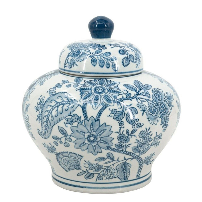 Ваза с крышкой и синим узором в виде цветов и листьев Blue & White Ornament Белый Синий Ваза с крышкой и синим узором в виде цветов и листьев Blue & White Ornament Белый Синий в Воронеже | Loft Concept