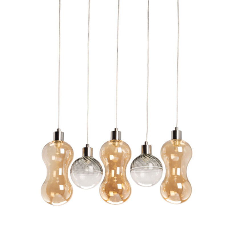 Люстра с 3-мя плафонами волнообразной формы цвета янтарь и 2-мя прозрачными шарообразными плафонами Lucid Rain  Черный Прозрачный Янтарный в Воронеже | Loft Concept 