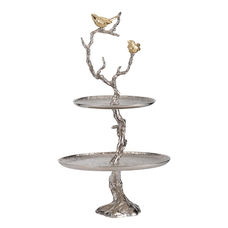 Блюдо двухъярусное Birds on Branches silver Сатиновое Серебро  Золотой в Воронеже | Loft Concept 