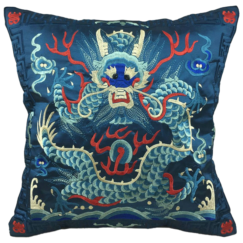 Декоративная подушка с вышивкой Chinese Dragon Blue Мульти Синий в Воронеже | Loft Concept 