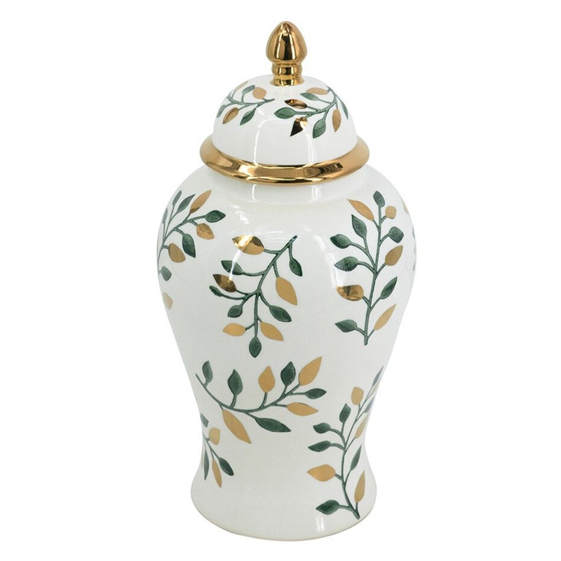 Ваза белая с крышкой с рисунком зеленых и золотых листьев 40 см Chinoiserie Ceramics Белый Зеленый Золотой Ваза белая с крышкой с рисунком зеленых и золотых листьев 40 см Chinoiserie Ceramics Белый Зеленый Золотой в Воронеже | Loft Concept
