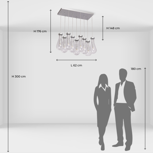 Люстра с 9-ю прозрачными плафонами из стекла в форме капли на прямоугольном потолочном основании цвета хром Lucid Rain  в Воронеже