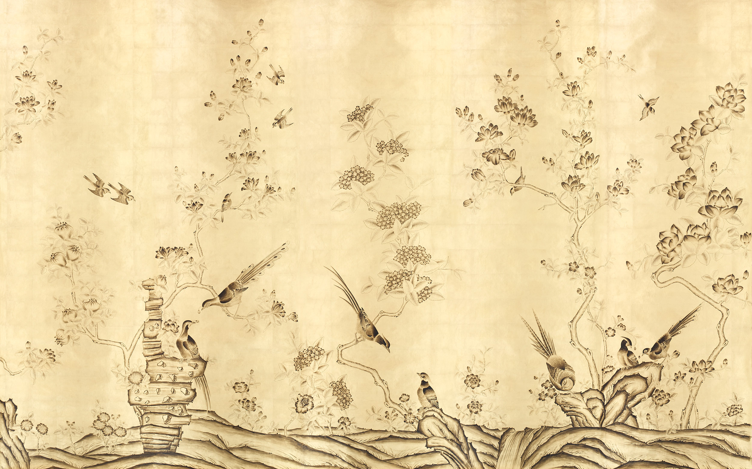 Обои ручная роспись Japanese Garden Dark Lacquer on Deep Rich Gold gilded silk Обои ручная роспись Japanese Garden Dark Lacquer on Deep Rich Gold gilded silk - постер Loft-Concept в Воронеже