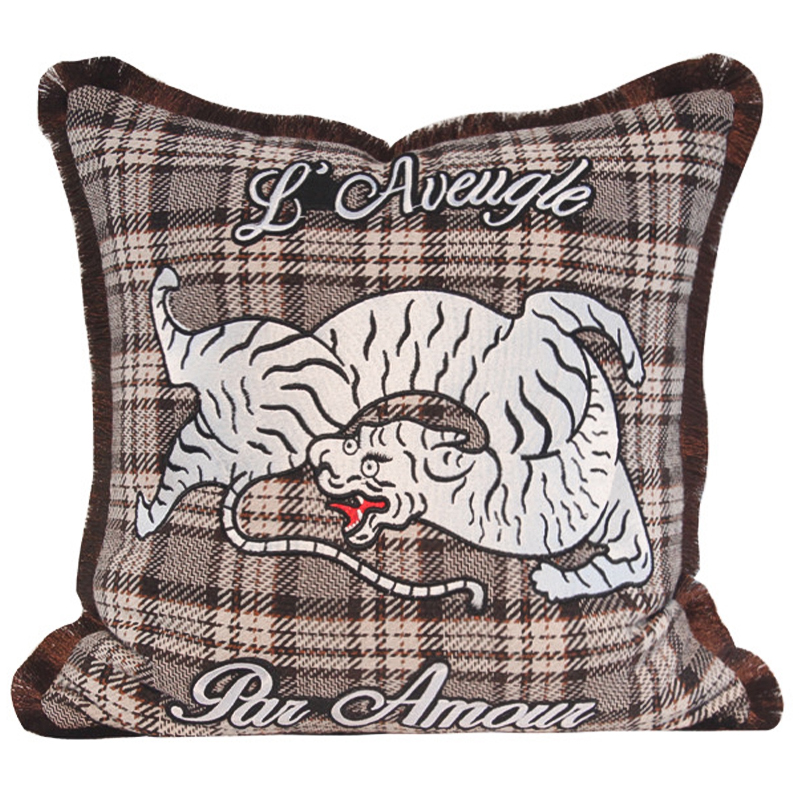Декоративная подушка с вышивкой Стиль Gucci Plaid Print Tiger Cushion Коричневый Бежевый Красный Декоративная подушка с вышивкой Стиль Gucci Plaid Print Tiger Cushion Коричневый Бежевый Красный в Воронеже | Loft Concept