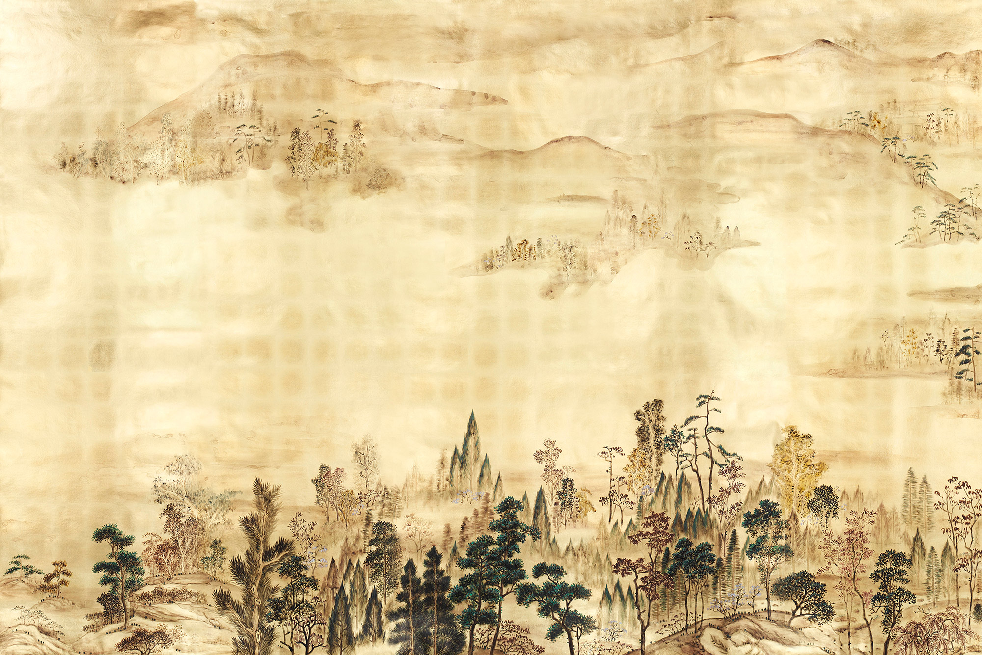 Обои ручная роспись Mountains Above Clouds Original colourway on Deep Rich Gold gilded paper Обои ручная роспись Mountains Above Clouds Original colourway on Deep Rich Gold gilded paper - постер Loft-Concept в Воронеже