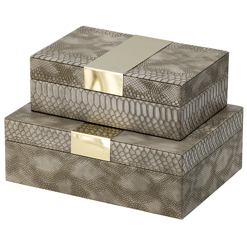 Комплект шкатулок Imitation Snakeskin Boxes Бежево-серый Глянцевое золото в Воронеже | Loft Concept 