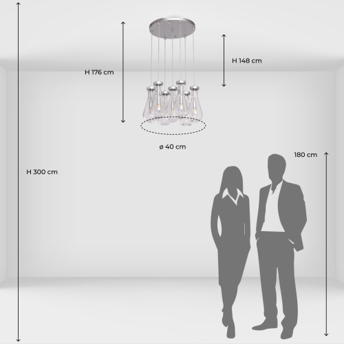 Люстра с 7-ю прозрачными плафонами из стекла в форме капли на круглом потолочном основании цвета хром Lucid Rain  в Воронеже