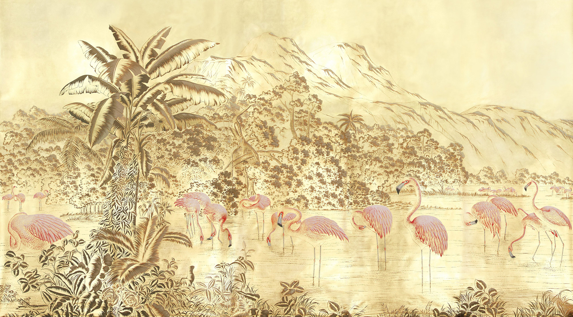 Обои ручная роспись Flamingos Flamingo on Deep Rich Gold gilded paper Обои ручная роспись Flamingos Flamingo on Deep Rich Gold gilded paper - постер Loft-Concept в Воронеже
