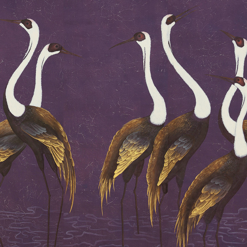 Обои ручная роспись Sarus Cranes Original colourway on Edo purple painted Xuan paper Обои ручная роспись Sarus Cranes Original colourway on Edo purple painted Xuan paper в Воронеже | Loft Concept