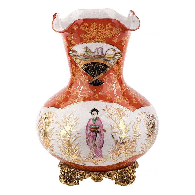 Ваза красного цвета с рисунком Chinoiserie Ceramics Белый Красный Бронза Ваза красного цвета с рисунком Chinoiserie Ceramics Белый Красный Бронза в Воронеже | Loft Concept