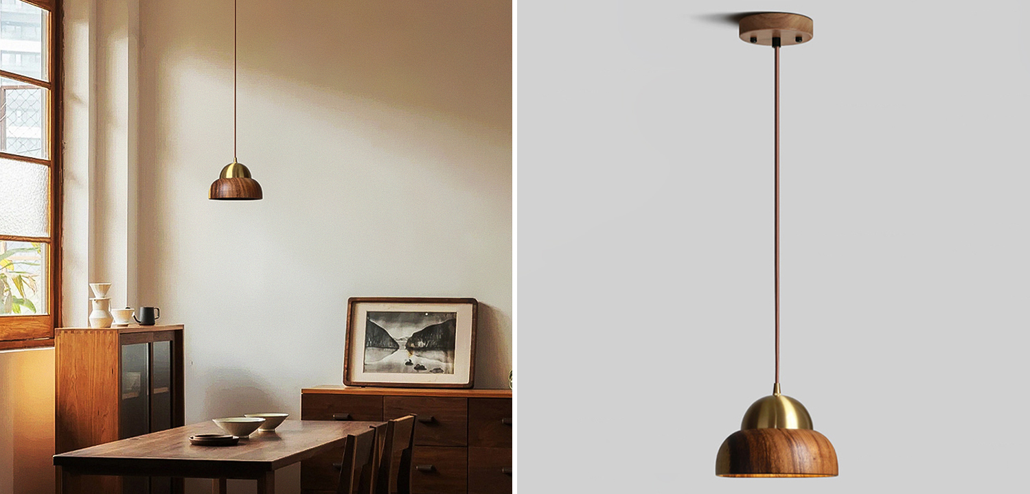 Подвесной светильник с купольным корпусом из латуни и дерева акации TORALD - фото №1