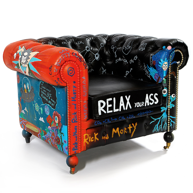 Кресло "Умный Умник" Rick and Morty graffiti chair натуральная кожа  Черный Мульти в Воронеже | Loft Concept 