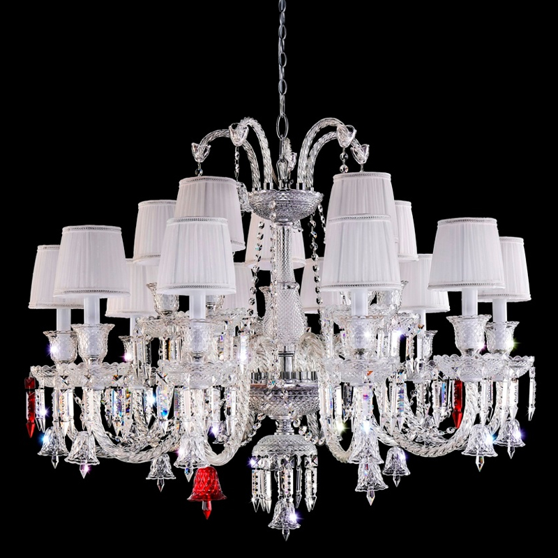 Люстра с 15-ю белыми текстильными абажурами и хрустальными подвесками Lustre Reverie Хром Прозрачное Стекло Белый в Воронеже | Loft Concept 
