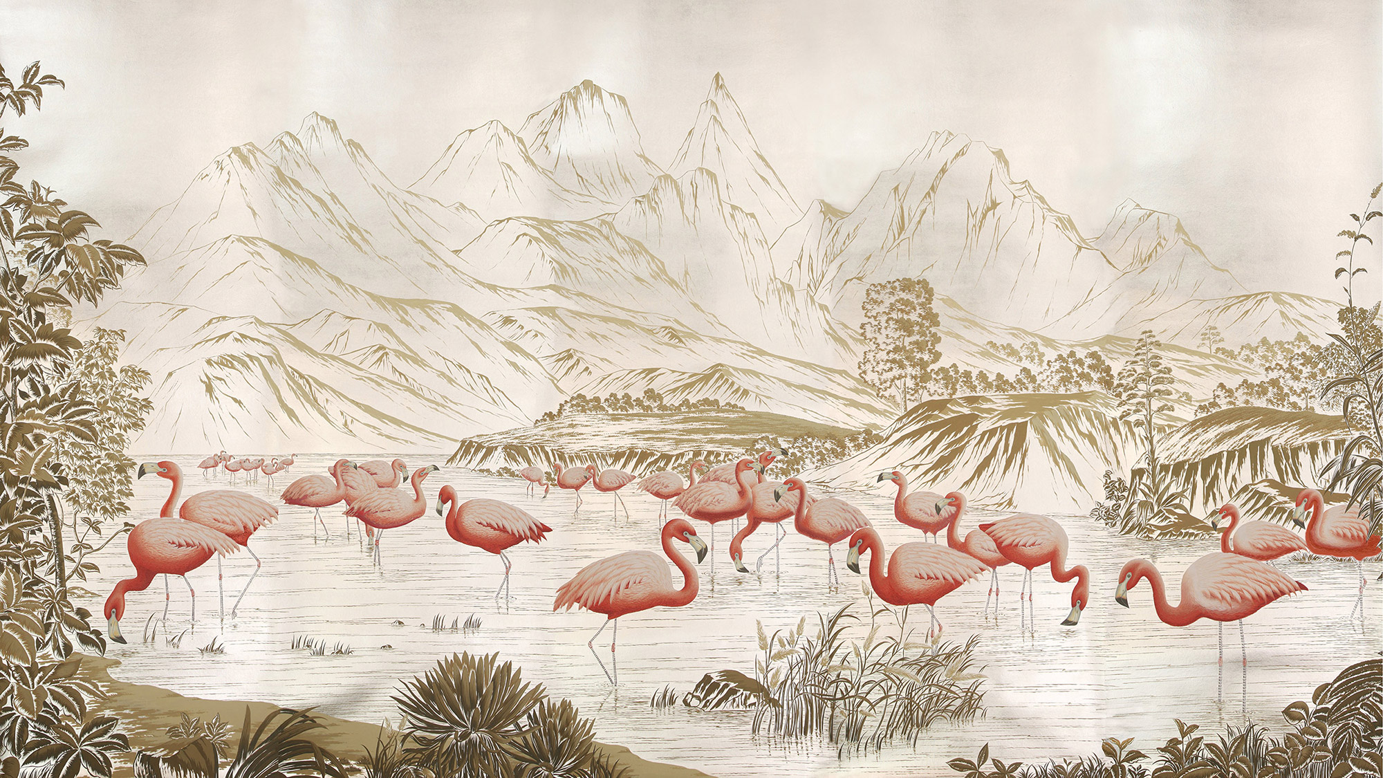 Обои ручная роспись Flamingos Flamingo on Tarnished Silver gilded Xuan paper Обои ручная роспись Flamingos Flamingo on Tarnished Silver gilded Xuan paper - постер Loft-Concept в Воронеже