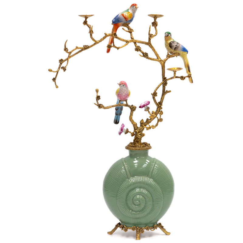 Ваза фарфоровая зеленая с фигурками птиц Porcelain bird Античный зеленый в Воронеже | Loft Concept 