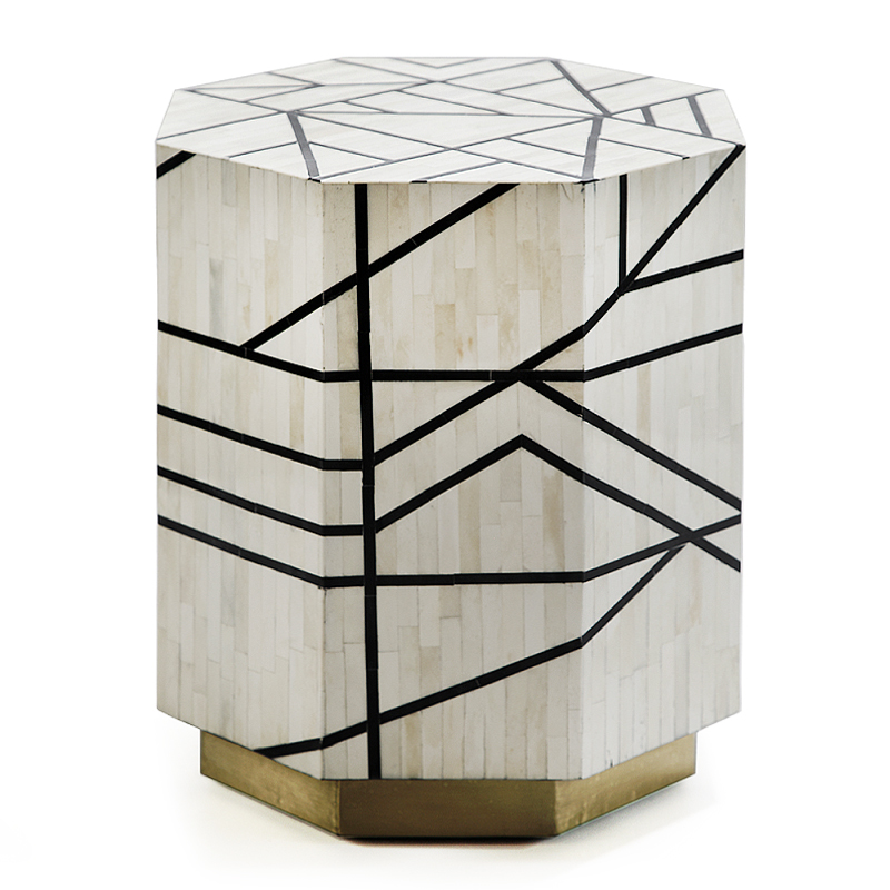 Приставной столик с инкрустацией Black and White Geometry bone bedside table ivory ( слоновая кость ) Черный в Воронеже | Loft Concept 