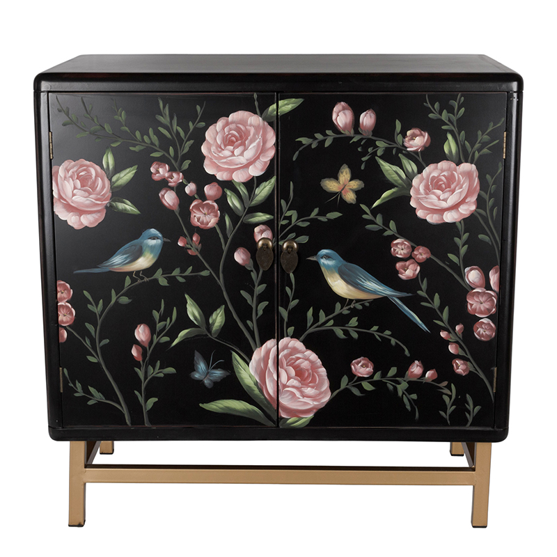 Комод с росписью птицы и цветы Black Chest Of Drawers Peonies Черный Черный Золотой Мульти в Воронеже | Loft Concept 