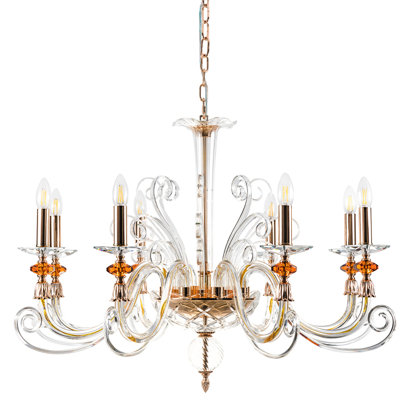 Люстра с 8-ю лампочками и изогнутыми прозрачными элементами из стекла Twisted Glass Candles Chandelier Золотой Прозрачное Стекло в Воронеже | Loft Concept 