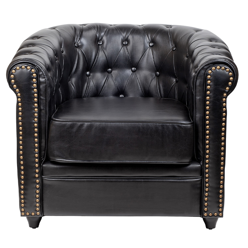 Кресло кожаное с мягкими подлокотниками на 4-х деревянных ножках Logan Leather Armchair black Черный в Воронеже | Loft Concept 