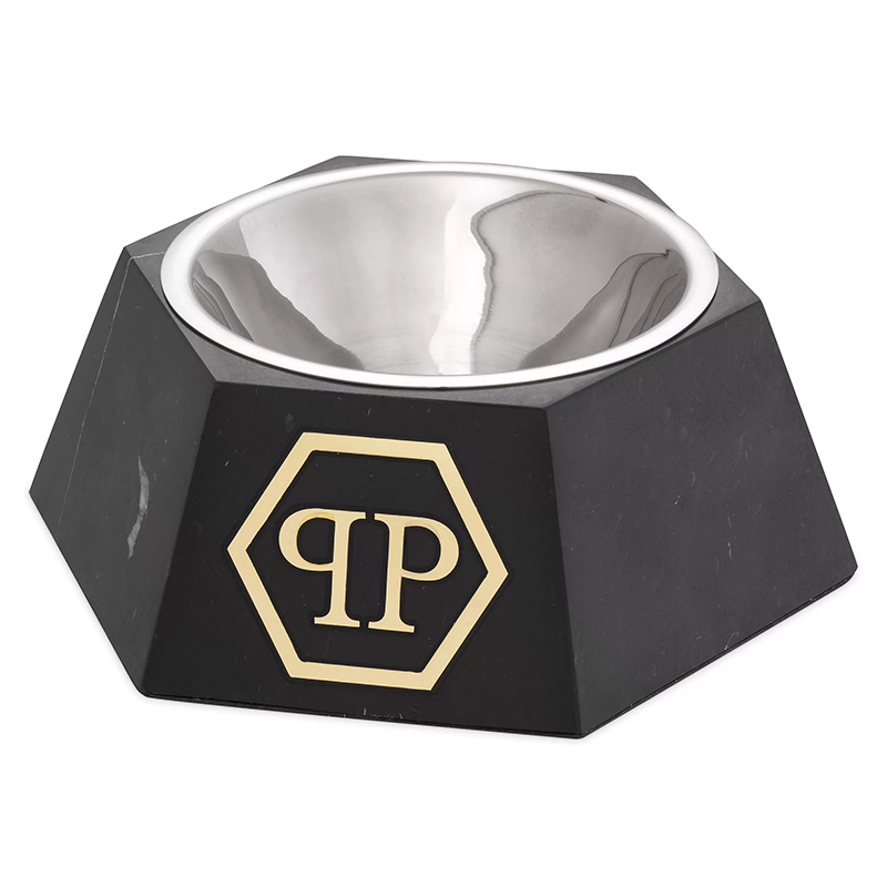Миска для корма Philipp Plein Dog Food bowl Nice L Black Черный Мрамор Nero Сталь Золотой в Воронеже | Loft Concept 
