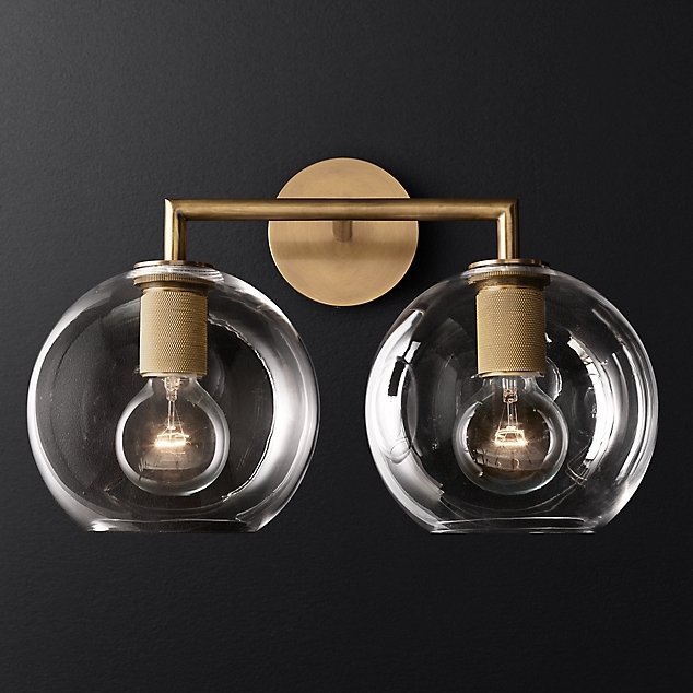 Бра RH Utilitaire Globe Shade Double Sconce Brass Прозрачное Стекло Латунь в Воронеже | Loft Concept 