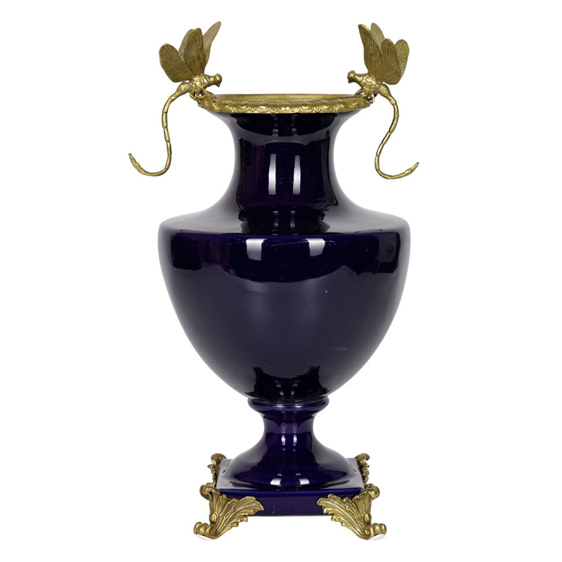 Ваза темно-синего цвета из фарфора с бронзовыми стрекозами Eden Garden porcelain and bronze Темно-синий Бронза в Воронеже | Loft Concept 