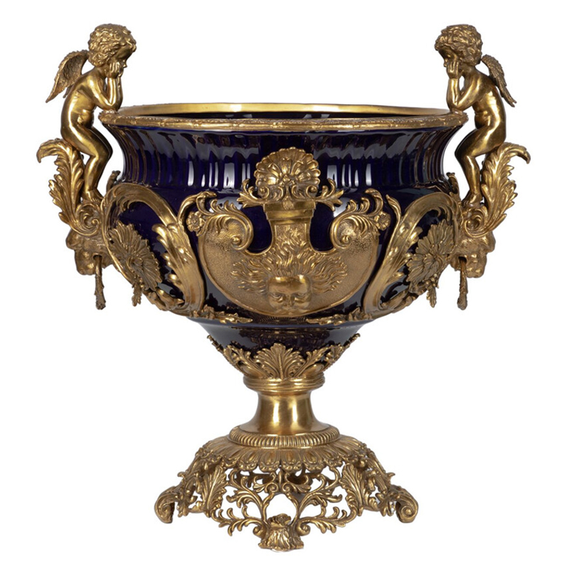 Чаша темно-синего цвета с фигурками ангелов и рельефным декором Eden Garden porcelain and bronze Темно-синий Бронза в Воронеже | Loft Concept 