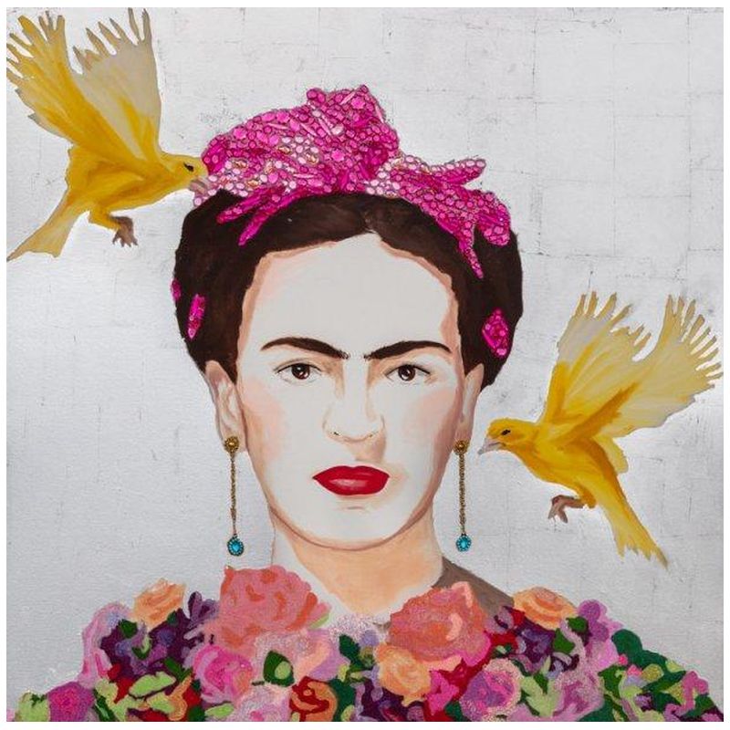 Картина Frida with Yellow Flying Parakeets, Flower Bouquet Dress and Silver Leaf Background Мульти Картина Frida with Yellow Flying Parakeets, Flower Bouquet Dress and Silver Leaf Background Мульти в Воронеже | Loft Concept