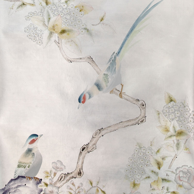 Обои ручная роспись Japanese Garden Special Colourway on Ocean Silver gilded silk  в Воронеже | Loft Concept 