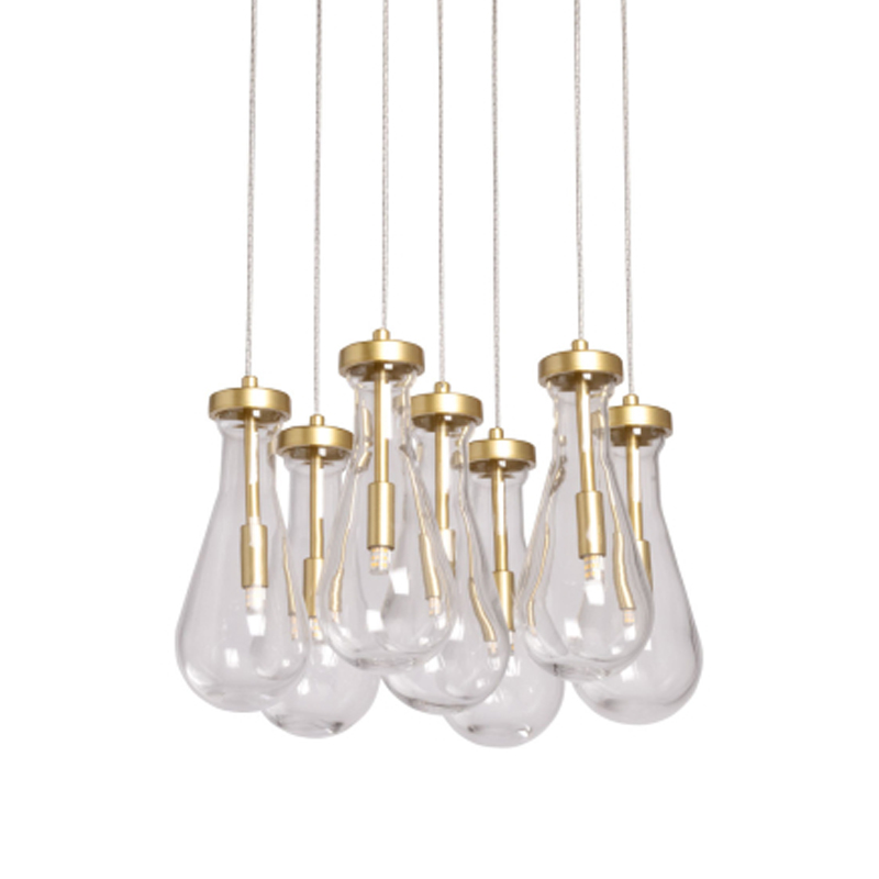 Люстра с 7-ю прозрачными плафонами из стекла в форме капли Lucid Rain  Золотой Прозрачный в Воронеже | Loft Concept 