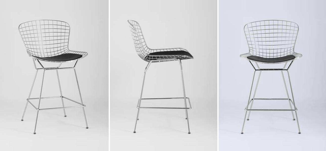Полубарный стул Bertoia Barstool Хромированный с Черной подушкой - фото