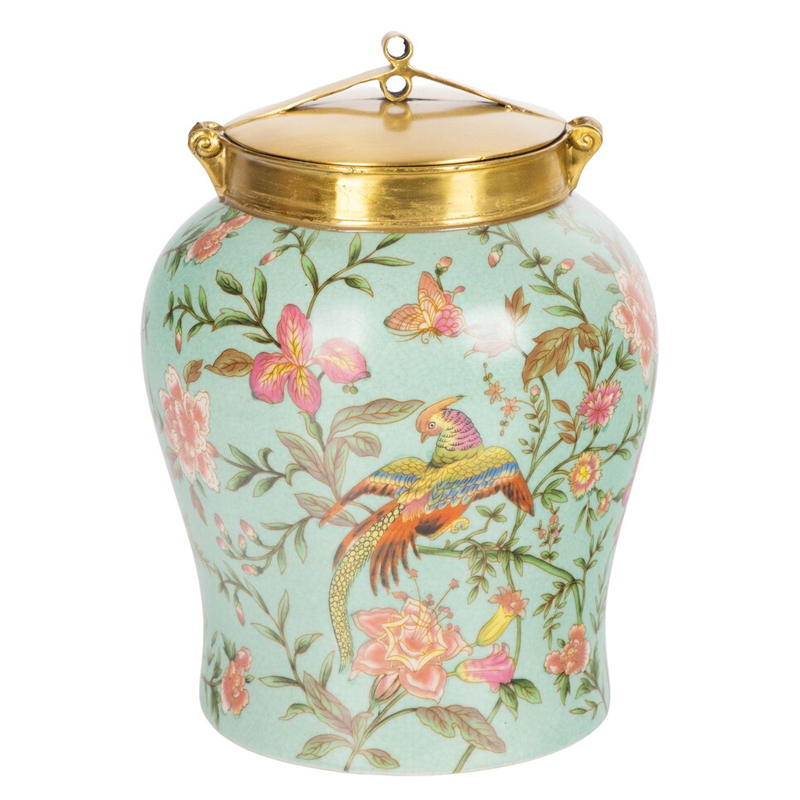 Ваза округлой формы из фарфора с рисунком и бронзовой крышкой Turquoise Blooming Garden Мульти Бронза Бирюзовый Ваза округлой формы из фарфора с рисунком и бронзовой крышкой Turquoise Blooming Garden Мульти Бронза Бирюзовый в Воронеже | Loft Concept