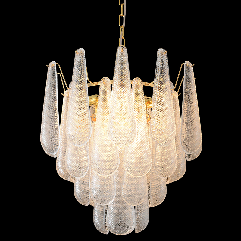 Люстра подвесная с подвесками из рифленного стекла в форме капель Textured Glass Chandelier Прозрачный Золотой в Воронеже | Loft Concept 
