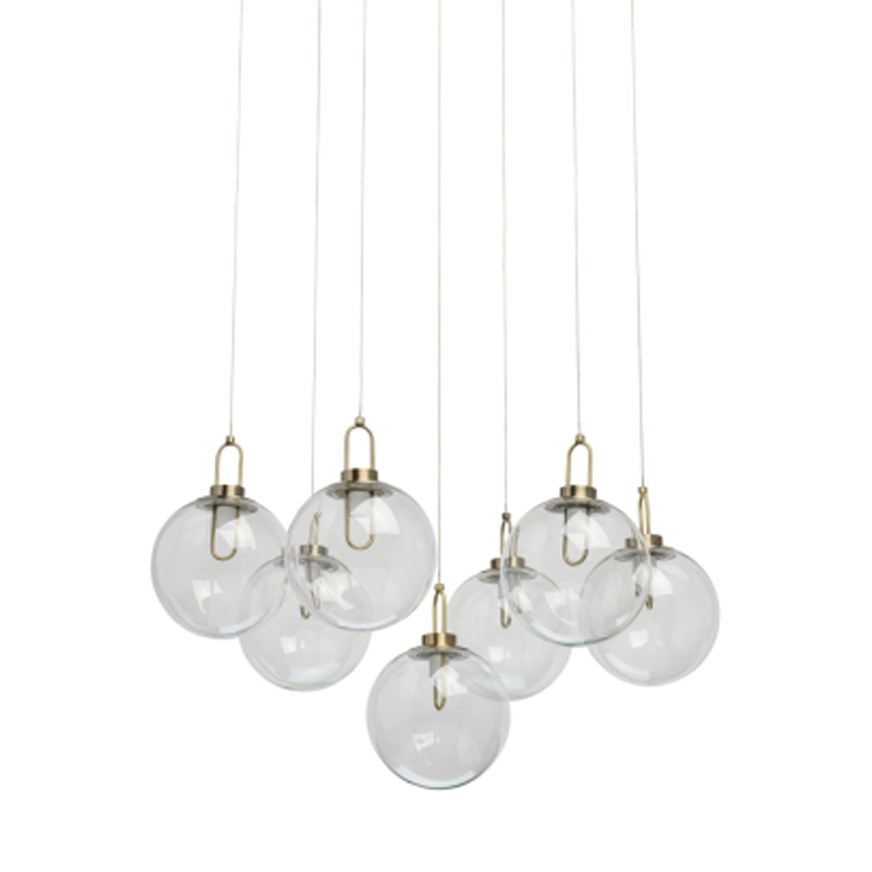 Люстра с 7-ю плафонами из прозрачного стекла в форме шара Orb Cascade  Бронза Прозрачный в Воронеже | Loft Concept 